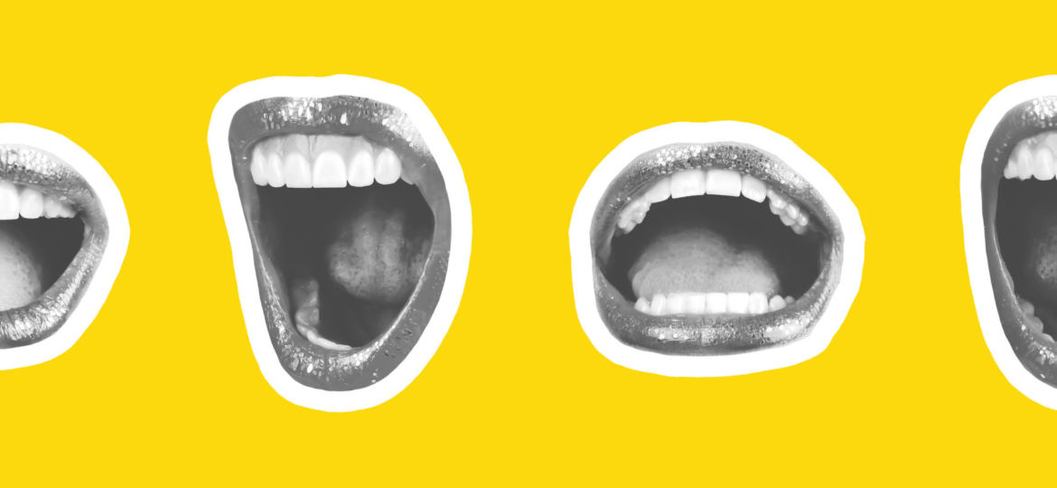 Collage of contemporary art in the style of a magazine with a set of female emotional lips. Closeup mouth girl expressing various emotions. Black and white tones colorful yellow background