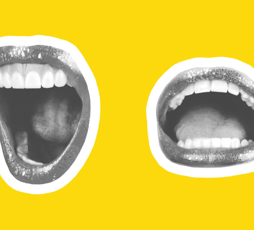 Collage of contemporary art in the style of a magazine with a set of female emotional lips. Closeup mouth girl expressing various emotions. Black and white tones colorful yellow background